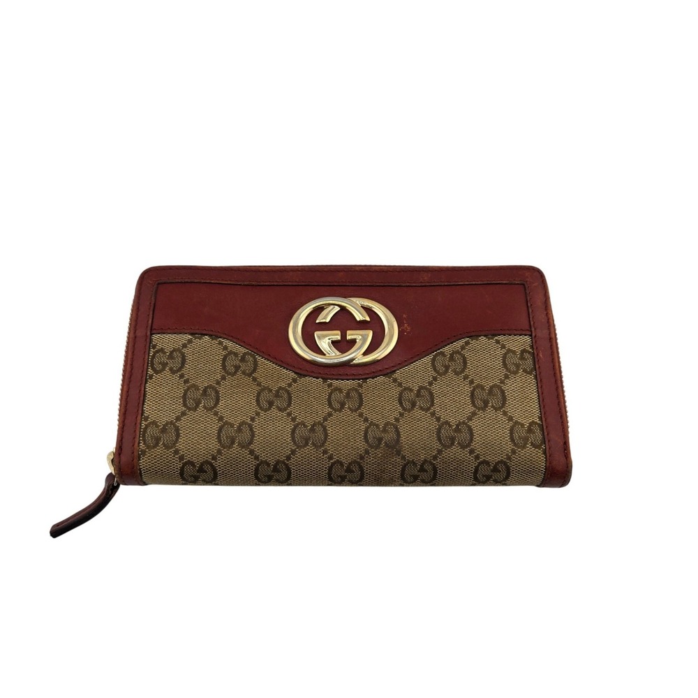 Gucci GG Supreme Canvas Red Leather Zip Around Long Wallet Interlocking G Logo